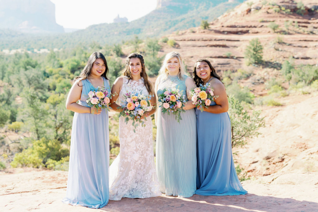 bridemaids in dusty blue gowns sedona arizona 