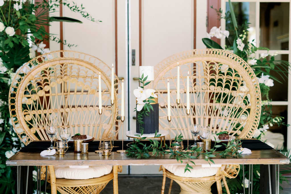 Tropical modern wedding details black and gold accents 