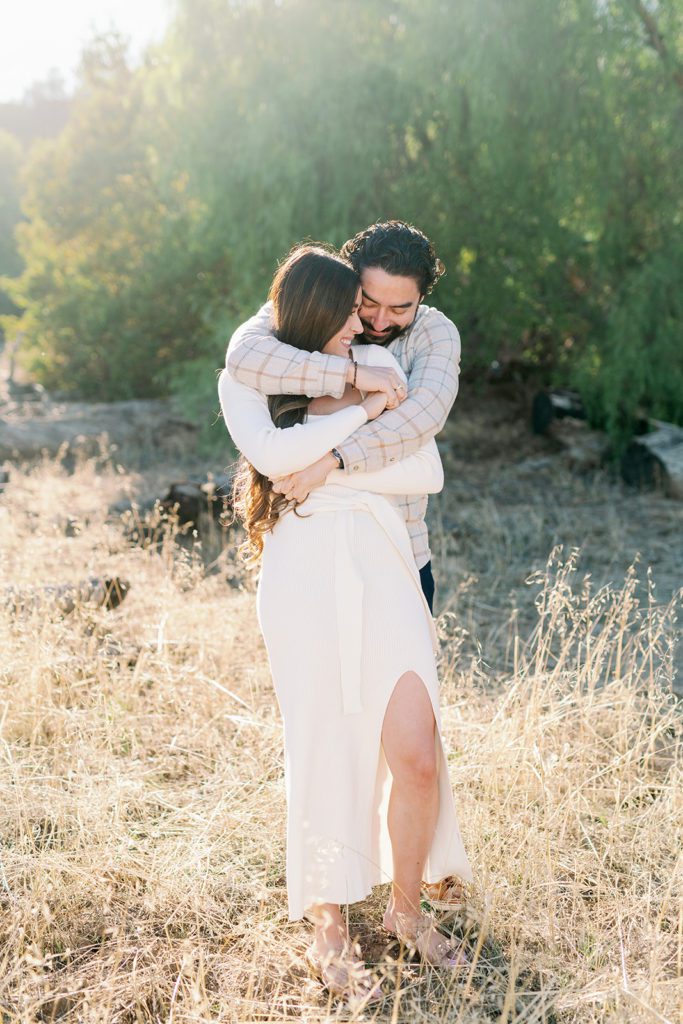 corona California engagement photography, couple in open field, girl in white dress  