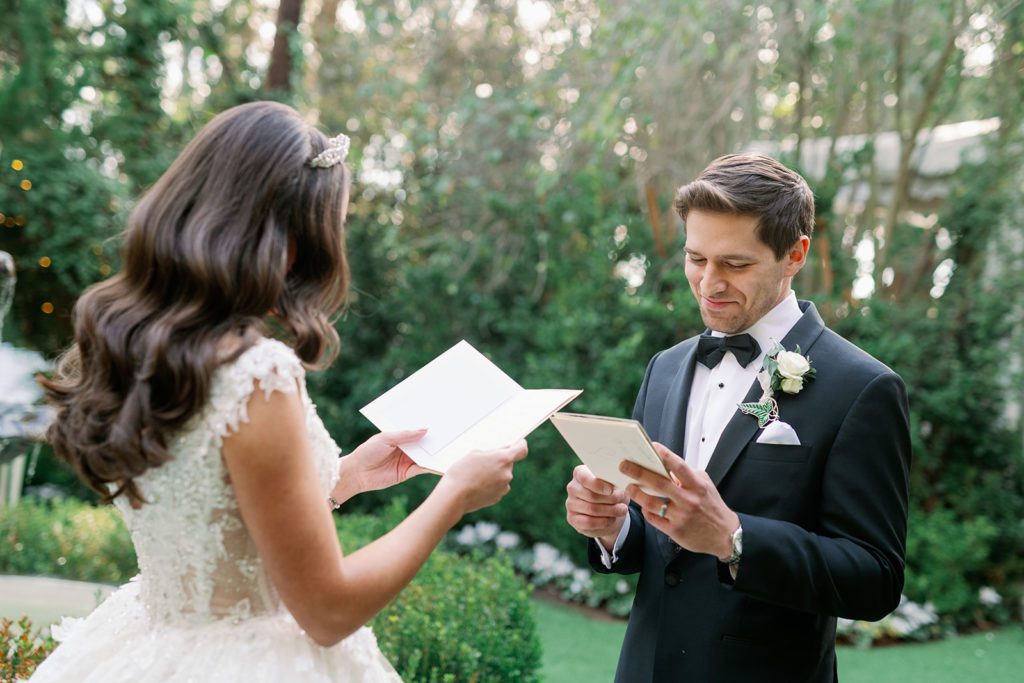 Twin Oaks Gardens Wedding bride and groom first look and private vow reading